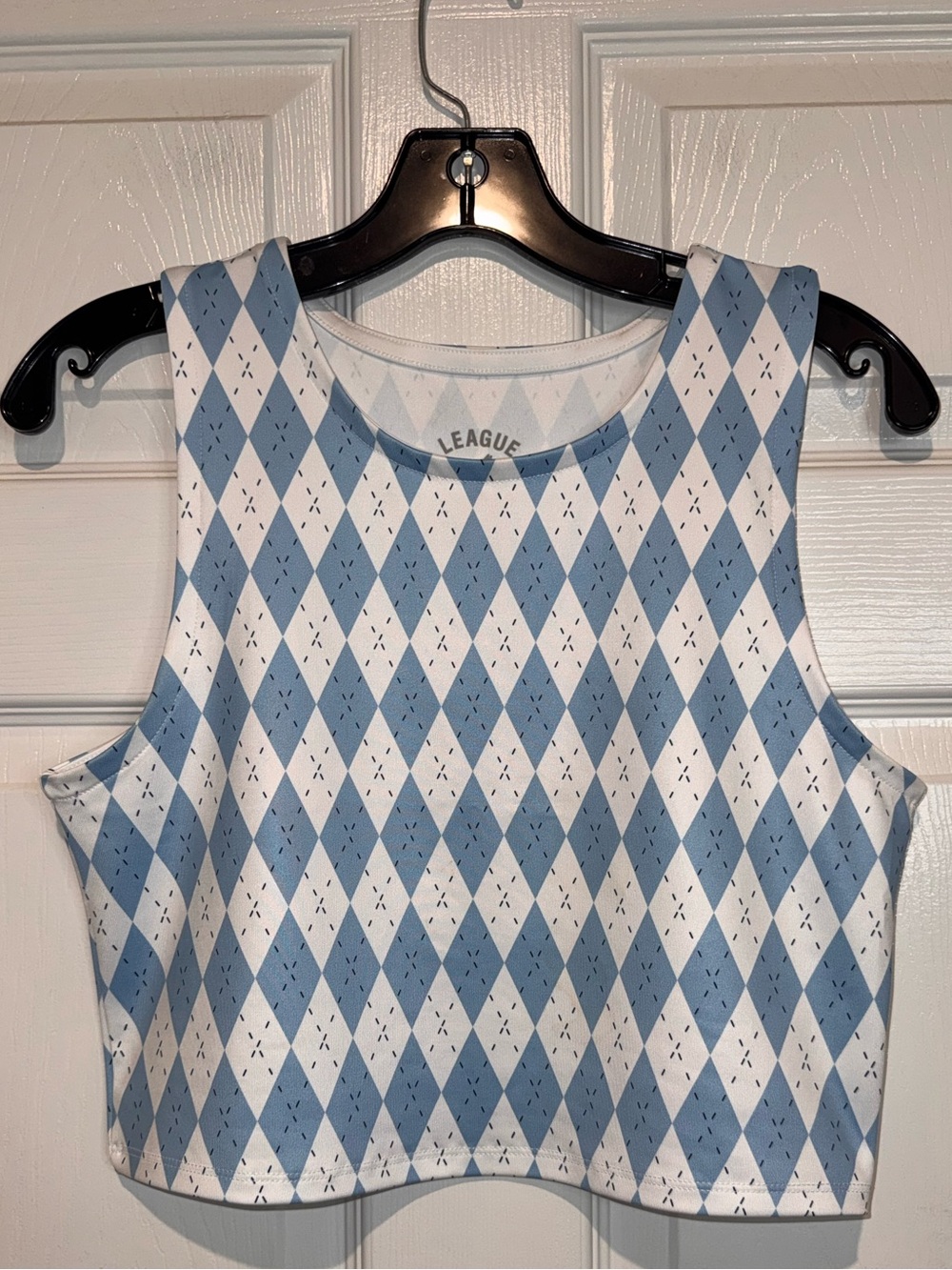 LEAGUE White and Light Blue Argyle Crop Tank. Size M